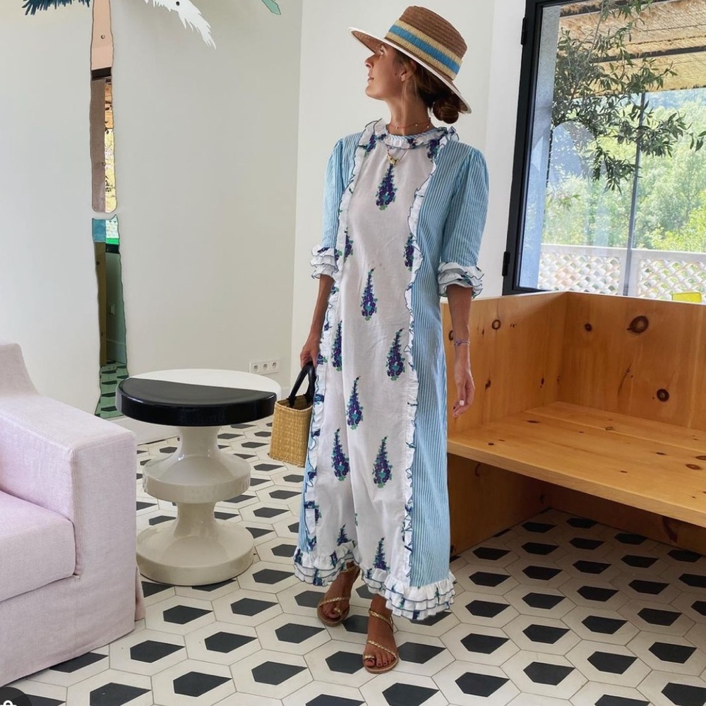 Maria De La Orden Porto Blue White Floral Cotton Ruffle Maxi Dress. Size Large